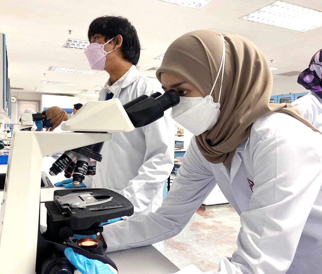 Lady in Hijab using a Microscope in Nursing College Brunei